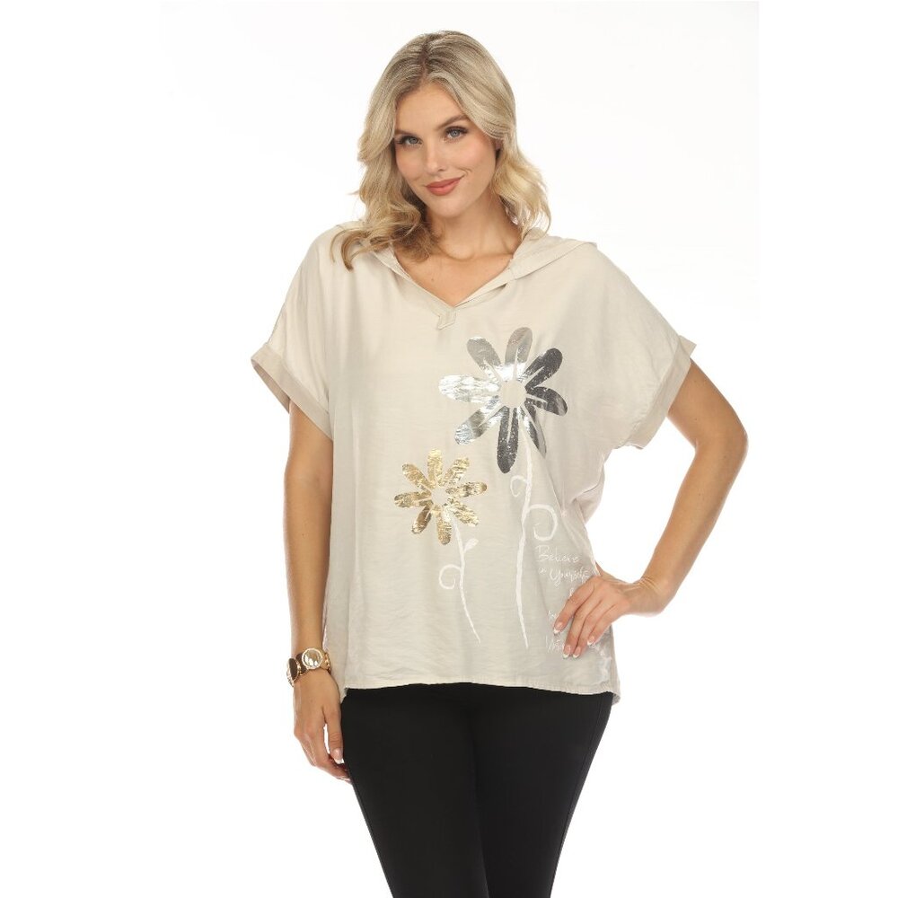 Beige Floral silver gold Print Hooded Top